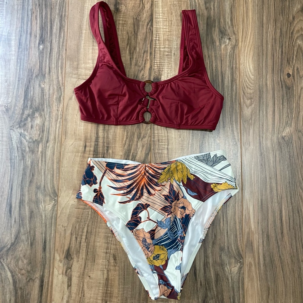 O’Neill Maroon and Floral Print Bikini Top and Bottom Set